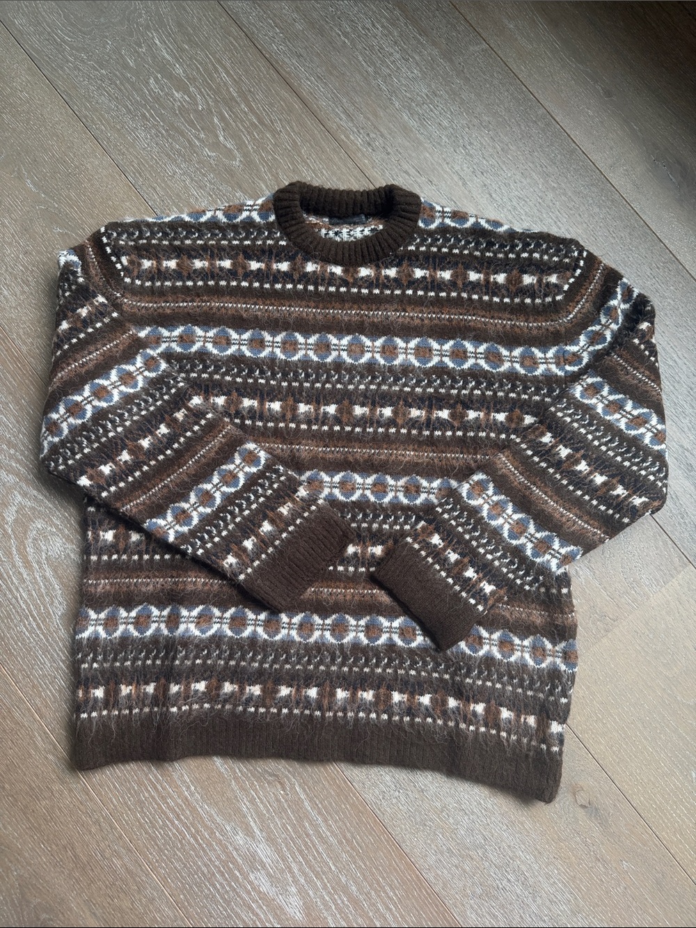 Zara Brown Multi-Pattern Crewneck Sweater
